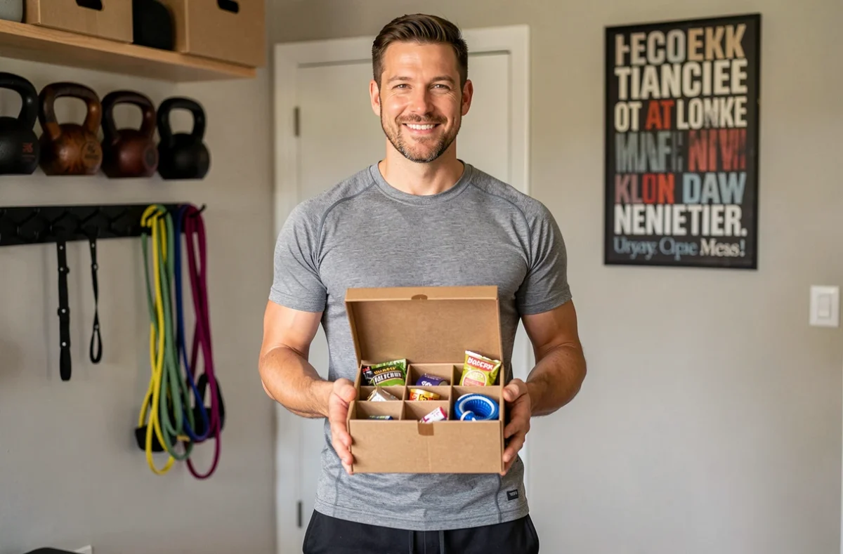 Homme tenant un calendrier de l'Avent sportif dans sa salle de sport à domicile avec équipements fitness en arrière-plan