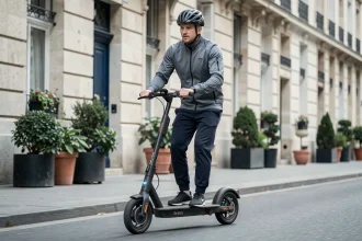 Homme adulte portant un casque homologué et roulant sur une trottinette Urban Glide 140 dans une rue urbaine pavée