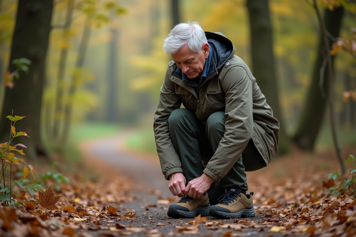 Homme ajustant ses chaussures de marche en forêt