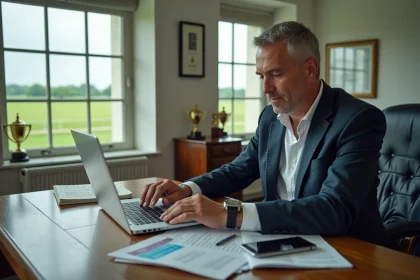 Homme propriétaire de cheval au bureau avec ordinateur