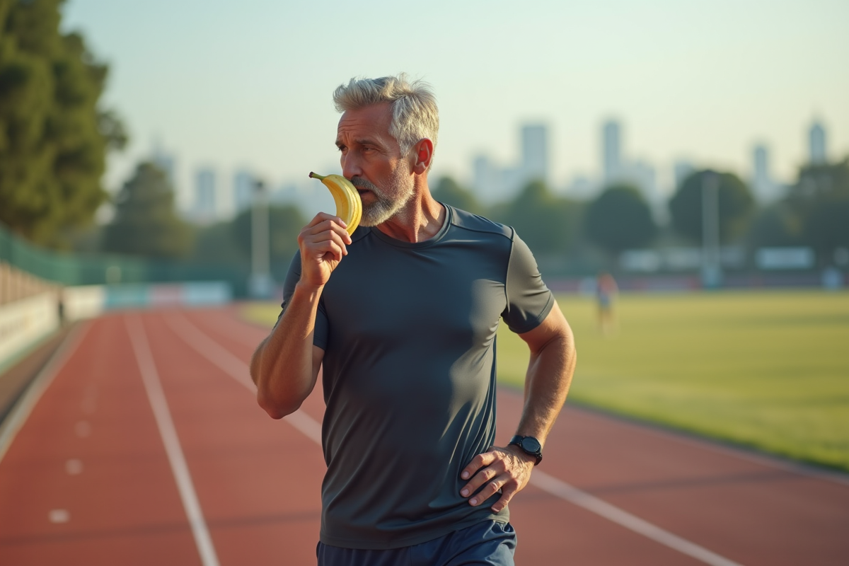Homme courant en extérieur mordant une banane sur la piste