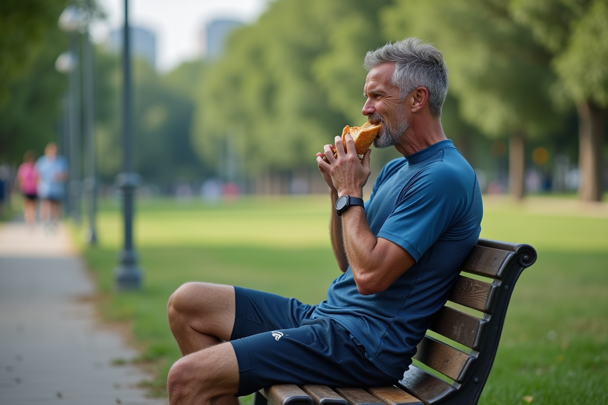 Homme sportif dégustant un sandwich dans un parc urbain