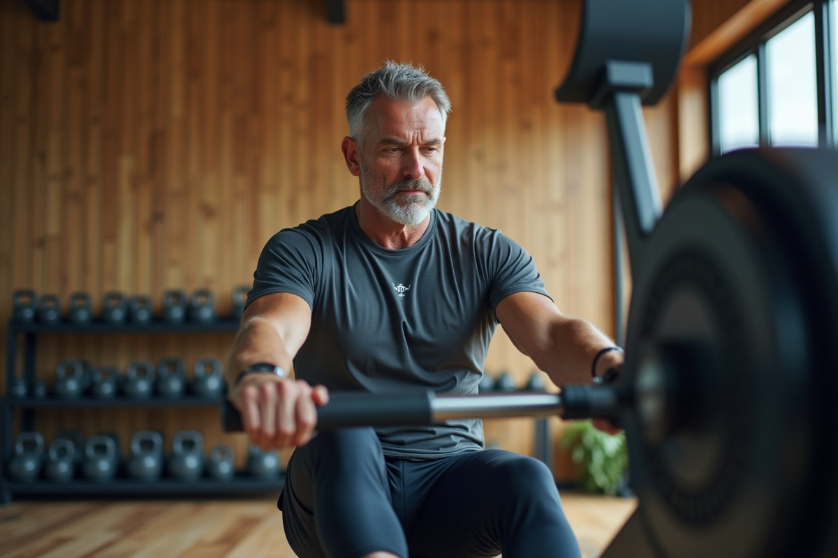 Homme ajustant un rameur dans un studio de fitness