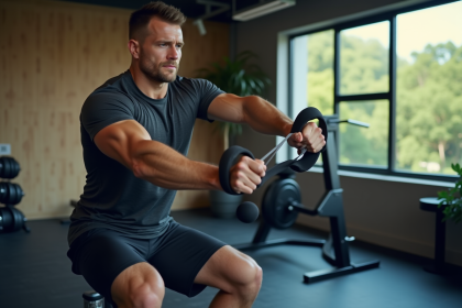 Homme musclé faisant un développé avec bande de résistance en salle