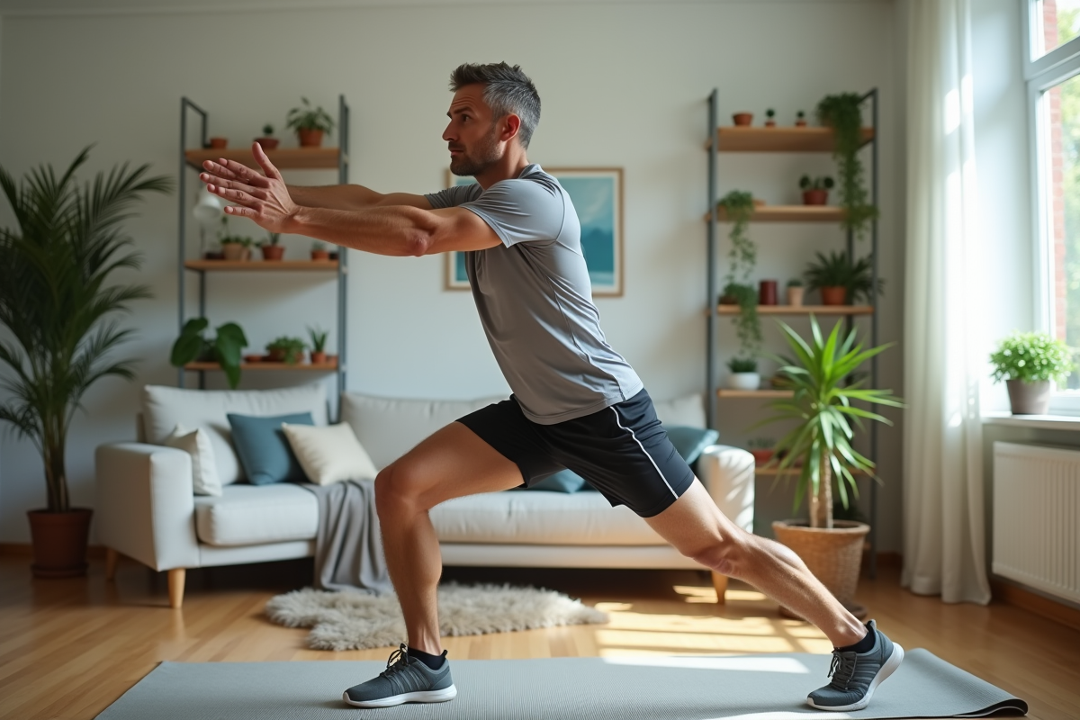 Homme faisant des étirements dans un salon moderne et lumineux