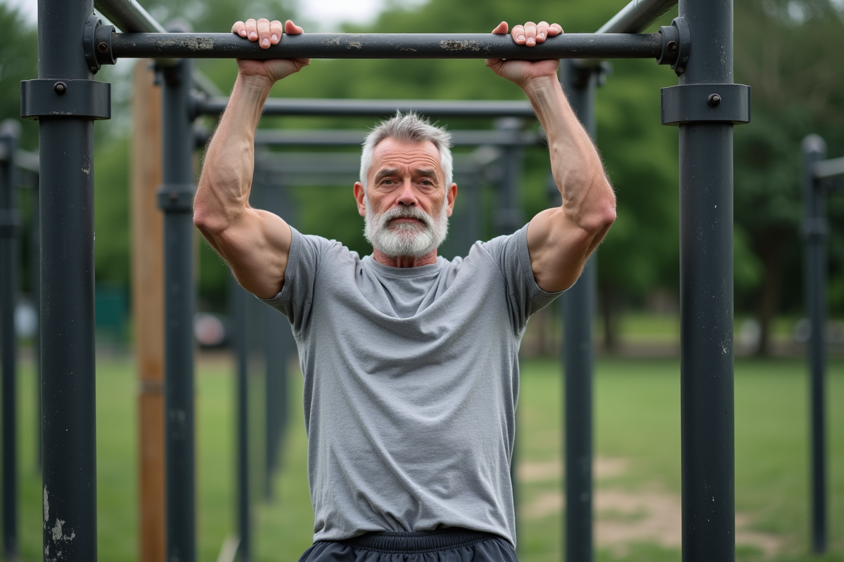 Homme faisant des chinups dans un parc urbain