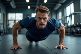 Jeune homme en entraînement push-up dans une salle de sport