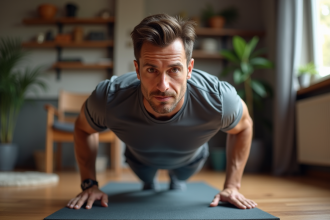 Homme d'âge moyen faisant un push-up dans une salle de sport à domicile