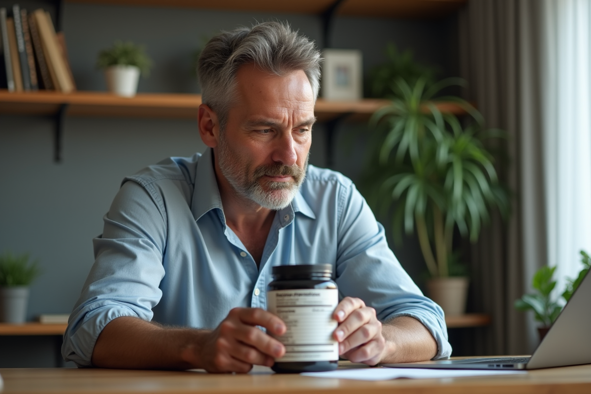Homme lisant les informations nutritionnelles d