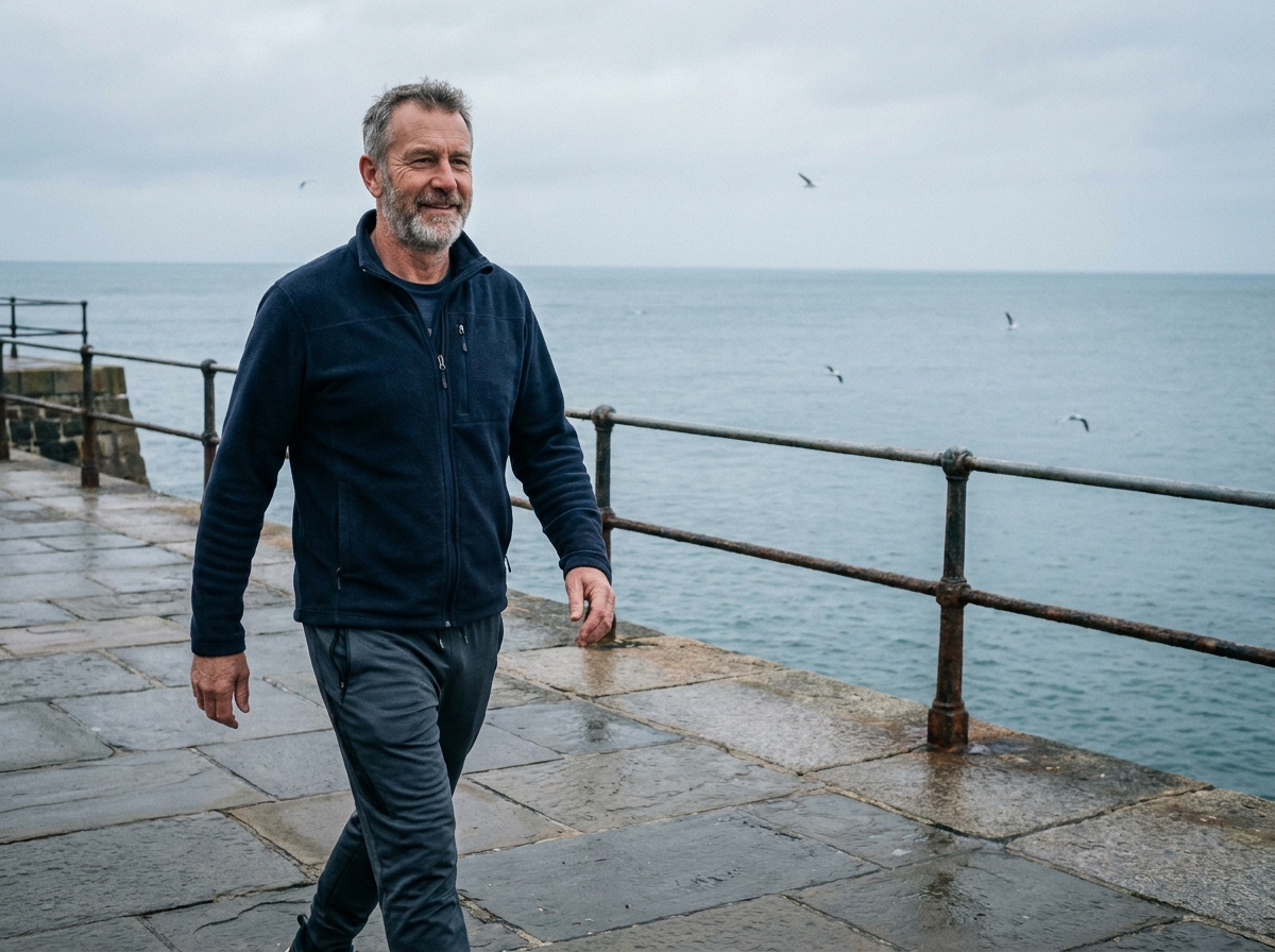 Homme de 50 ans marchant sur une promenade en bord de mer, représentant une activité physique régulière et apaisante après 40 ans