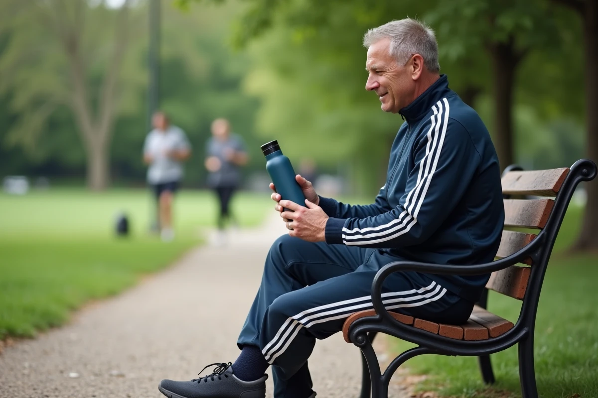 Homme assis sur un banc de parc avec bouteille isotherme