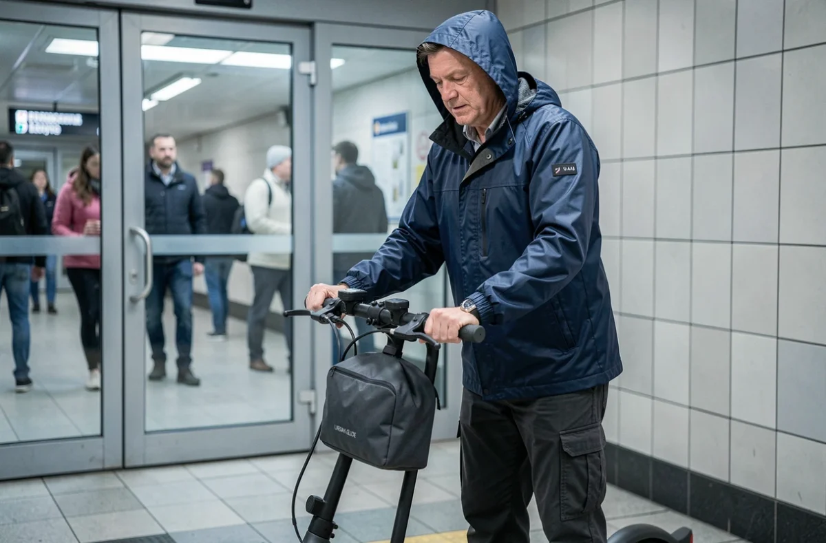 Homme adulte repliant sa trottinette Urban Glide 140 avec sacoche de guidon à l'entrée d'une station de métro