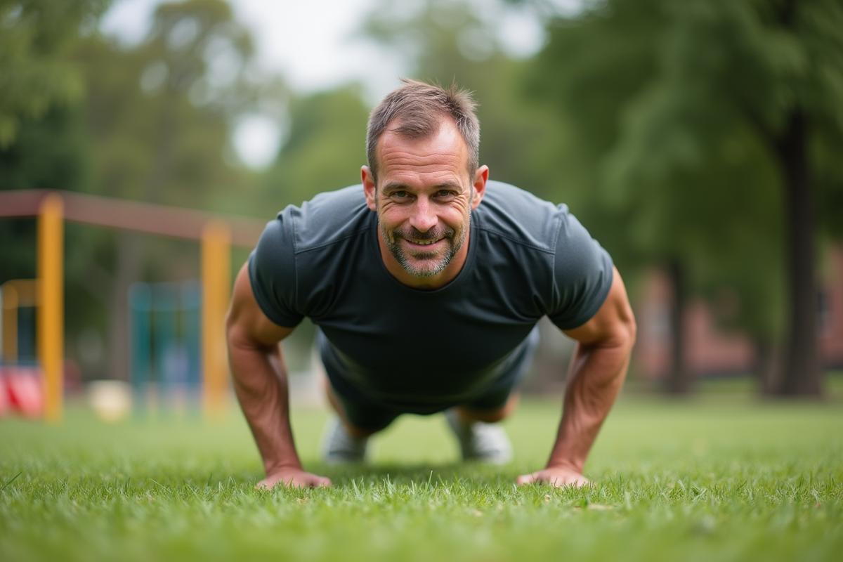 Homme faisant des pompes dans un parc en été