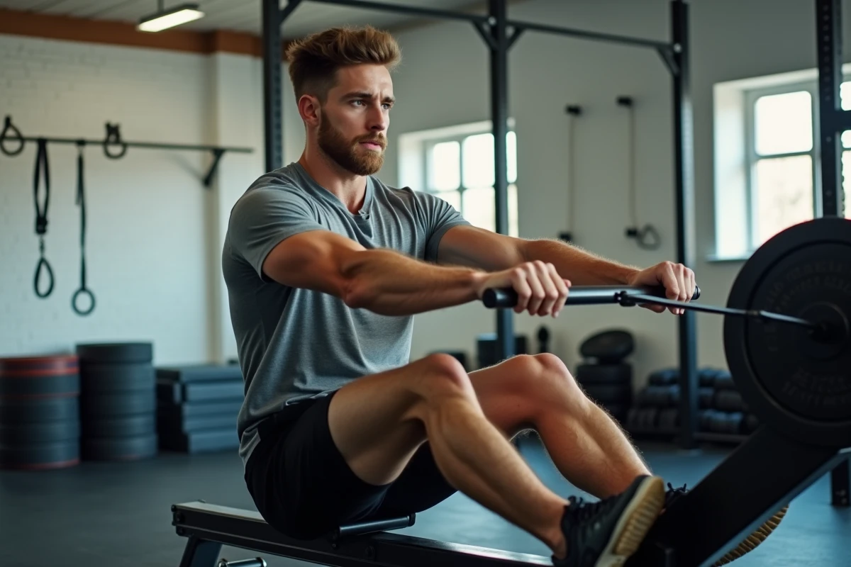 Homme athlétique en plein effort sur rameur indoor dans un box CrossFit, illustrant le cardio et les muscles sollicités