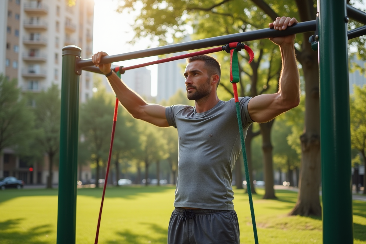 Homme d age moyen utilisant une bande de resistance en parc