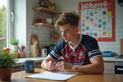 Jeune homme rugby et calendrier dans la cuisine