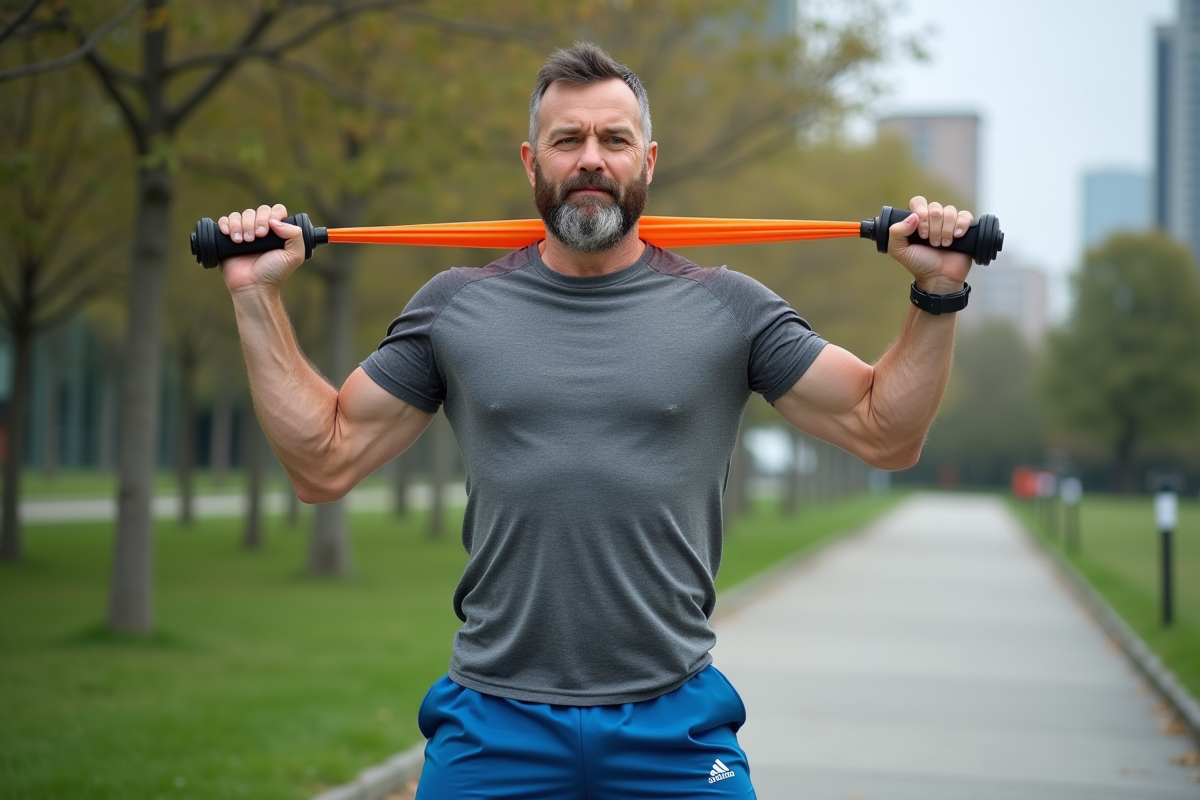 Homme faisant un shoulder press avec bande dans un parc