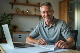 Homme souriant en polo golf au bureau à domicile