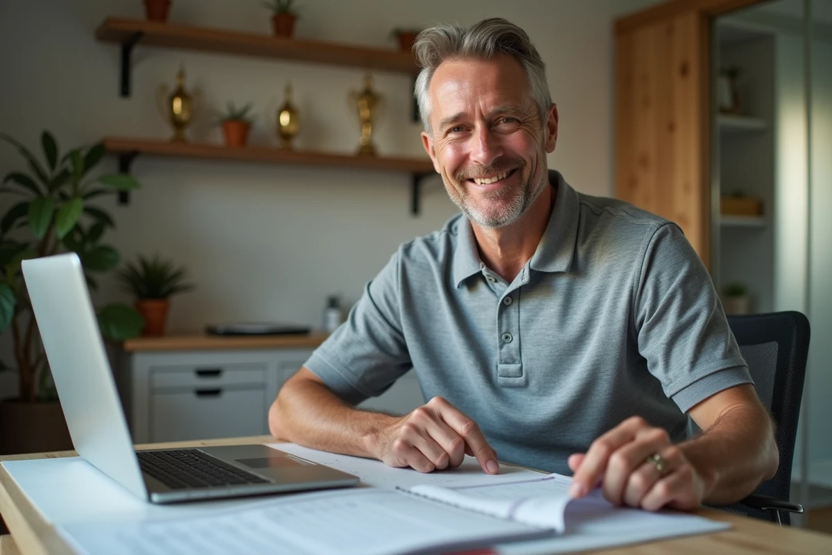Homme souriant en polo golf au bureau à domicile