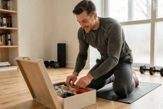 Homme sportif découvrant un calendrier de l'Avent rempli d'accessoires de sport dans son salon