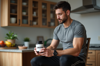 Jeune homme lisant une étiquette de supplément créatine à la maison