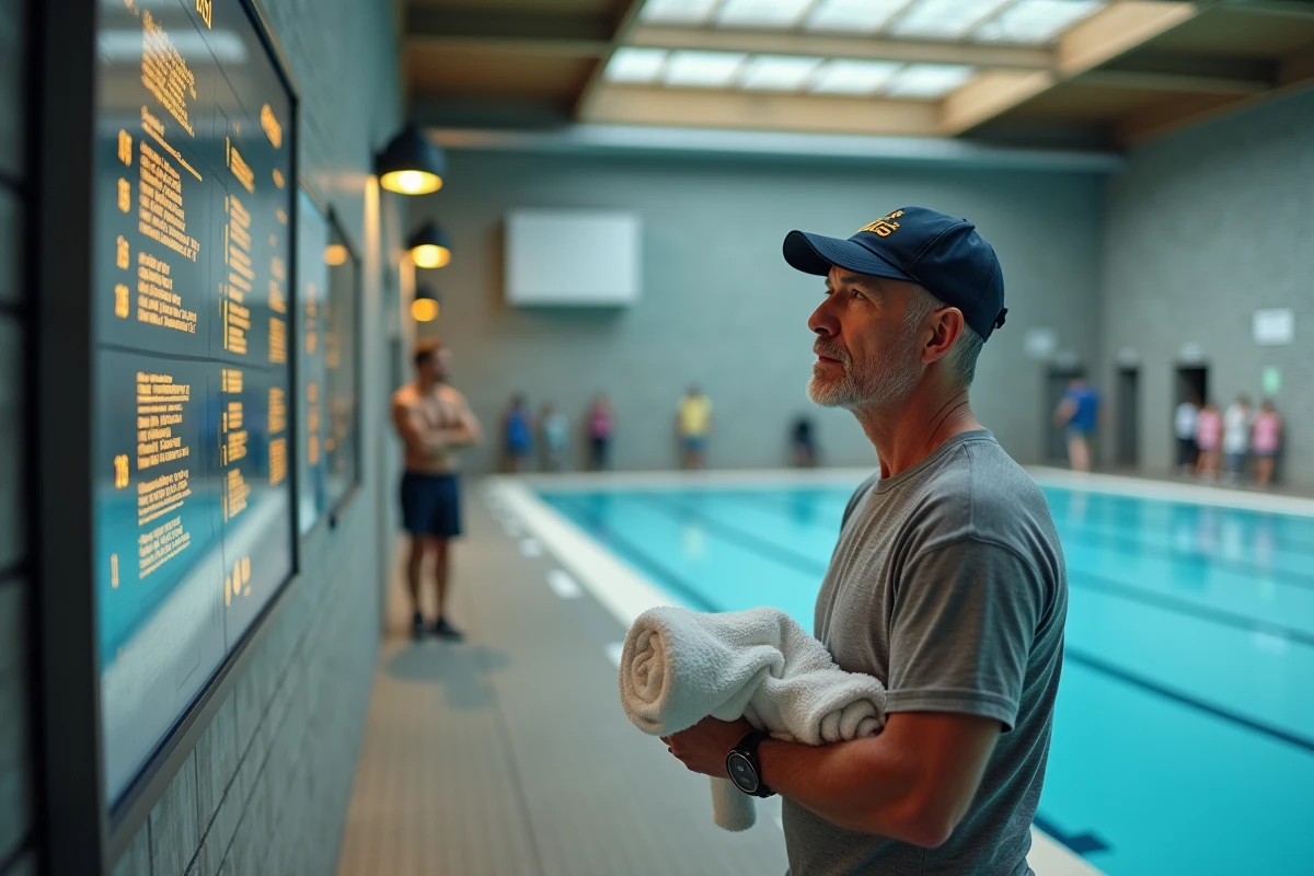 Homme en tenue de sport à la piscine Paris vérifiant l