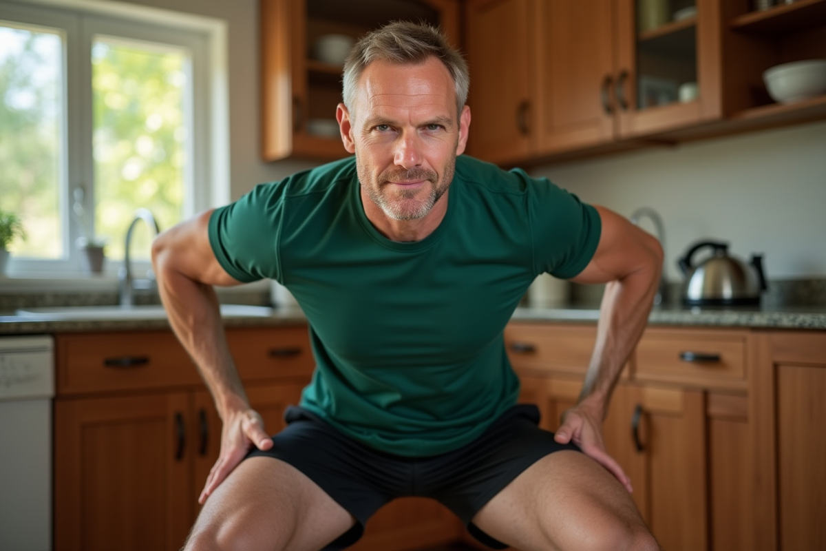 Homme faisant des squats dans une cuisine ensoleillee