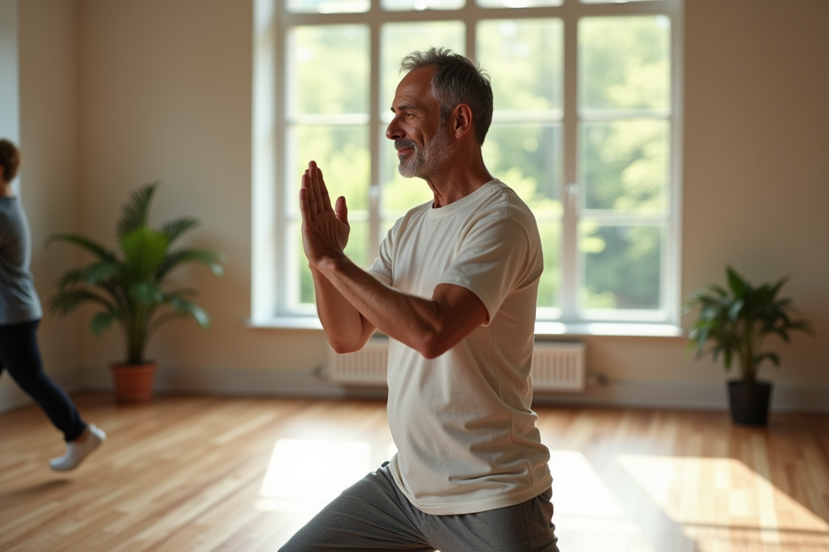 Homme pratiquant le tai chi dans un studio lumineux