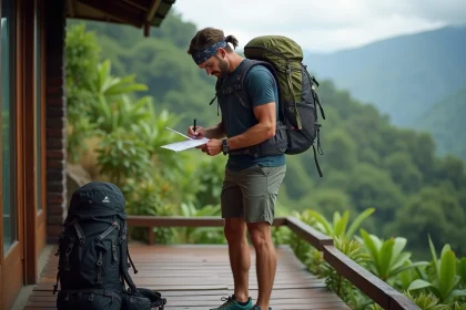 Homme en trail v&eacute;rifiant sa checklist de pr&eacute;paration