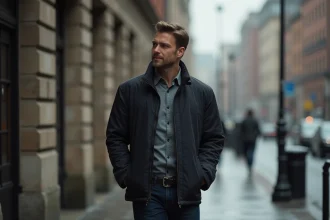 Homme pensif marche seul dans une rue urbaine pluvieuse