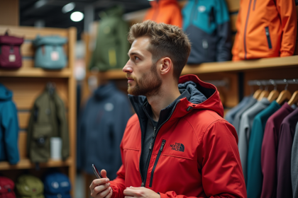 Homme en veste outdoor examine un vêtement en magasin de montagne