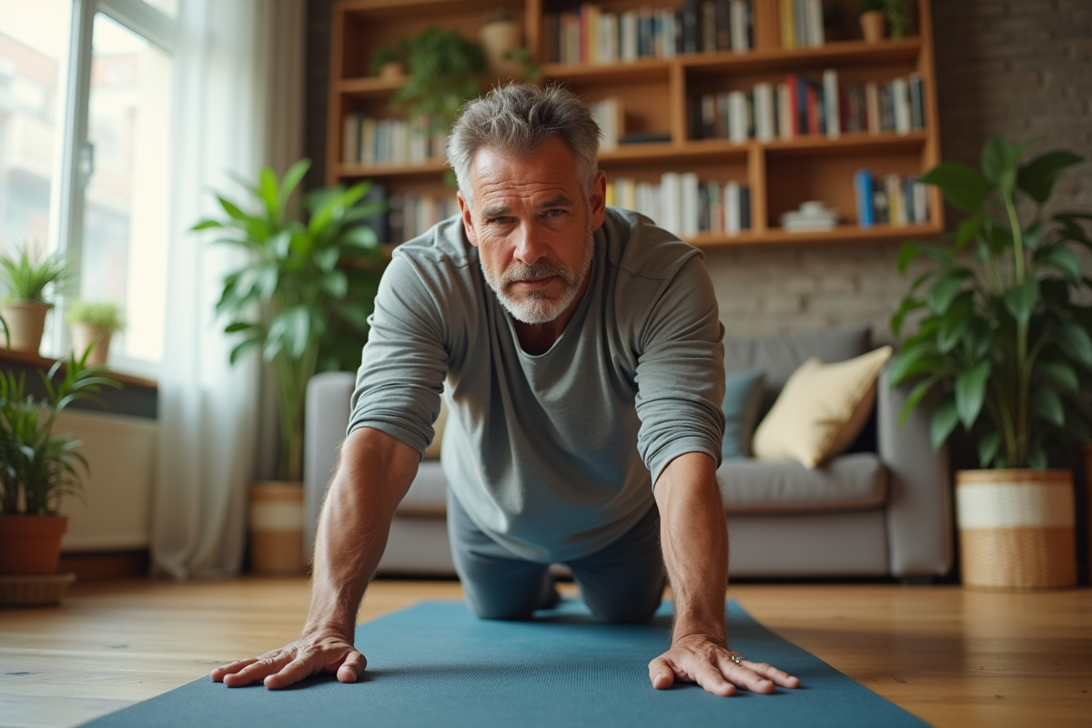 Homme en étirement sur un tapis de yoga dans un salon lumineux