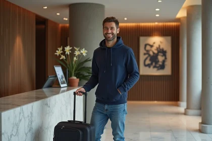 Homme décontracté dans un hall d'hôtel moderne à Paris près de La Défense