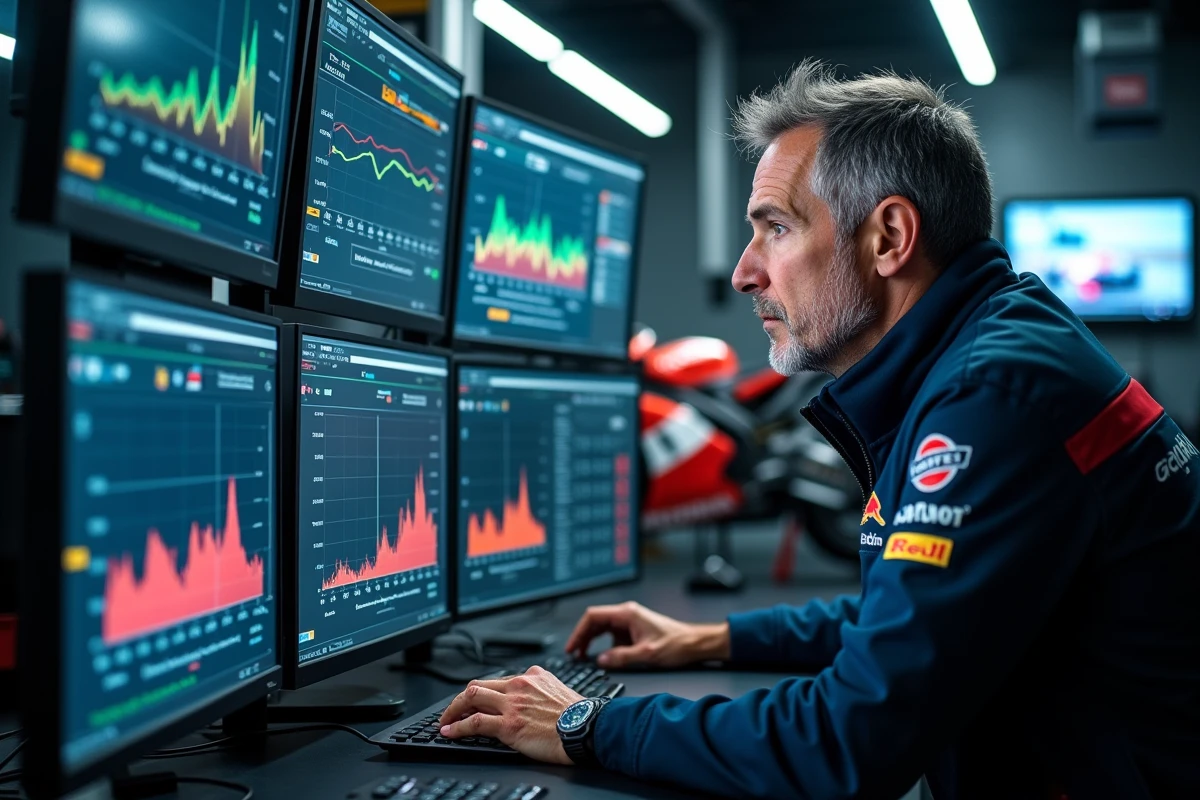 Ingénieur télémétrie MotoGP analysant les courbes de vitesse et d'accélération sur écrans dans le garage officiel d'une équipe de course