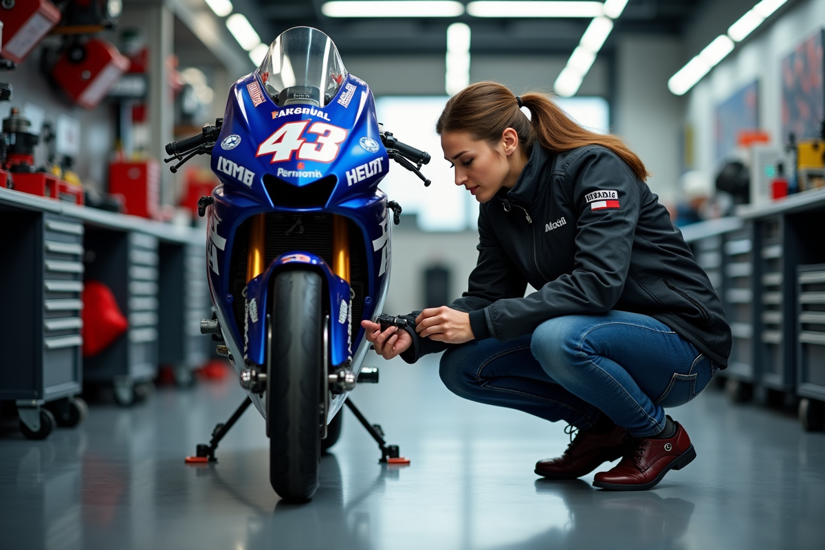 Ingénieure expérimentée ajustant une moto en atelier