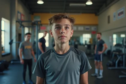 Adolescent observant des adultes en musculation au gym