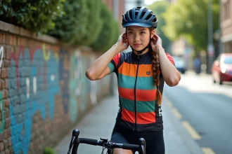 Jeune cycliste urbaine ajustant son casque en ville