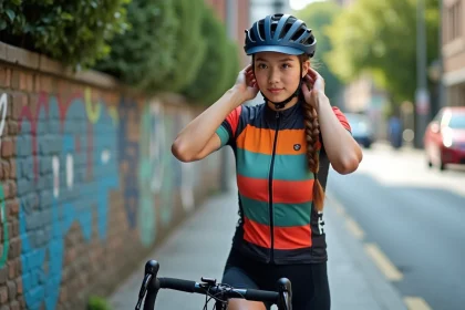Jeune cycliste urbaine ajustant son casque en ville