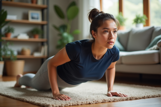 Jeune femme faisant des pompes dans un salon lumineux