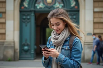 Jeune femme devant la piscine Butte aux Cailles vérifiant son smartphone