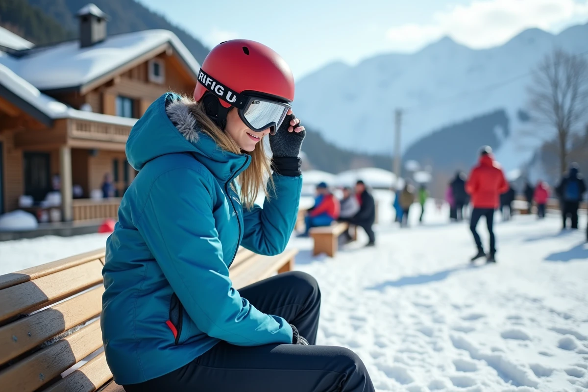 Jeune femme v&eacute;rifiant son &eacute;quipement de ski au resort