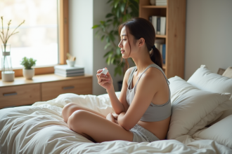 Jeune femme appliquant une creme sur ses bras dans une chambre lumineuse