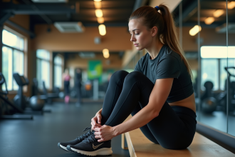 Jeune femme en train de lacer ses chaussures de sport dans une salle de gym