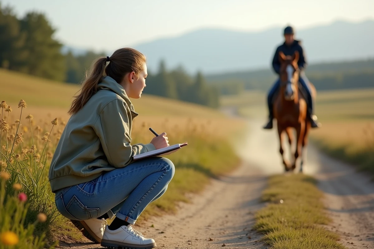 Jeune femme en jeans surveillant un cheval au galop