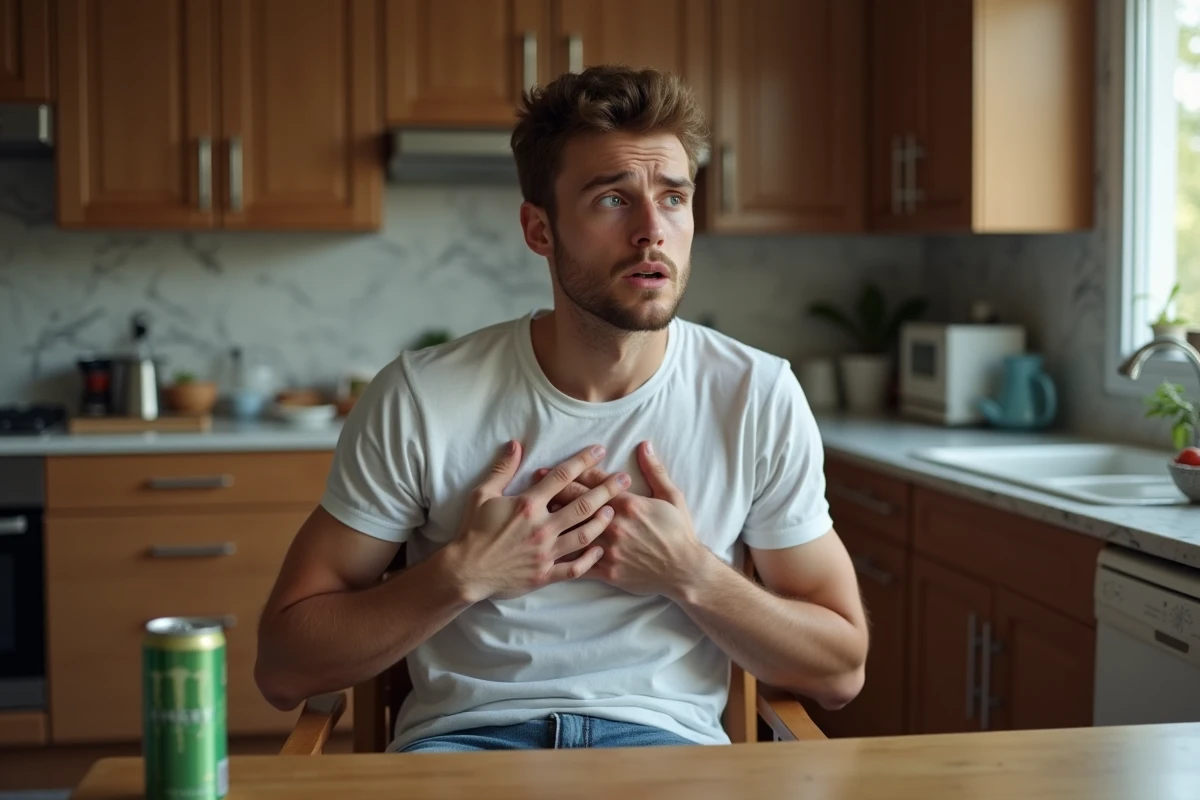Jeune homme anxieux avec boisson energisante dans la cuisine