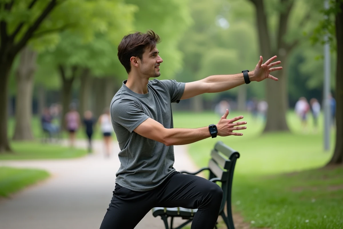 Jeune homme faisant des étirements dans un parc verdoyant