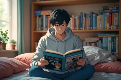 Jeune homme lisant un manga Blue Lock dans sa chambre