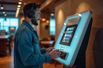 Jeune homme souriant avec casque interactif et jukebox moderne