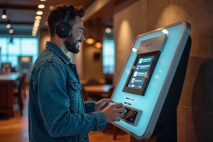 Jeune homme souriant avec casque interactif et jukebox moderne