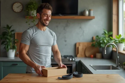 Jeune homme souriant avec bandes de resistance dans une cuisine